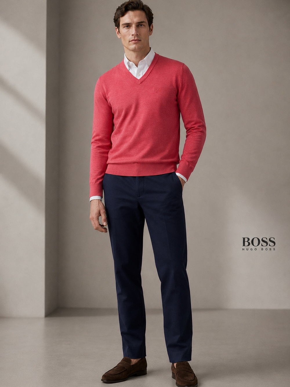 Hugo Boss Men’s V-Neck Wool Blend Heather Pink Sweater Size S NWT Regular Fit